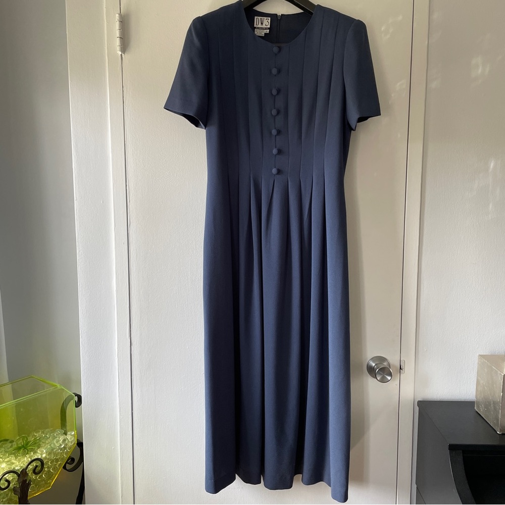 Vintage David Warren DW3 Blue Maxi Dress Half Button Front - Size 12